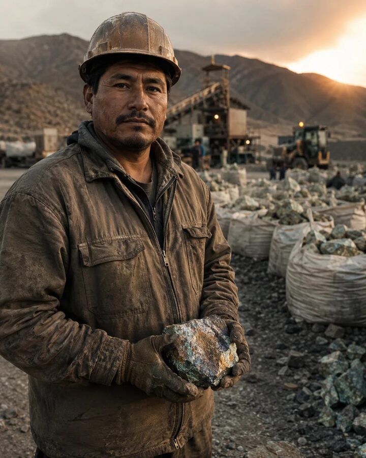 Productor peruano sosteniendo un lote de mineral con la planta y los andes al fondo.