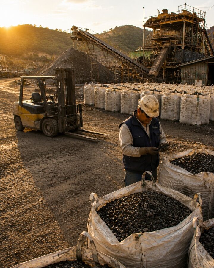 Operario inspeccionando concentrado en sacas dentro de una planta de beneficio peruana al atardecer, con montaña, planta y montacargas al fondo.