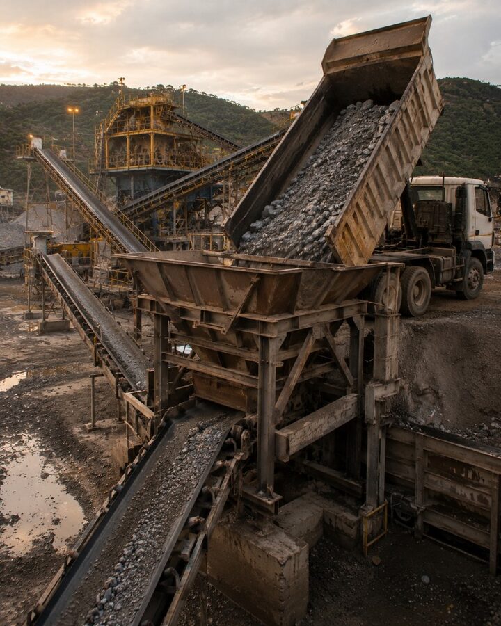 Volqueta minera descargando mineral en una tolva de planta de beneficio, con fajas transportadoras y planta de chancado al fondo, hora dorada en los Andes.