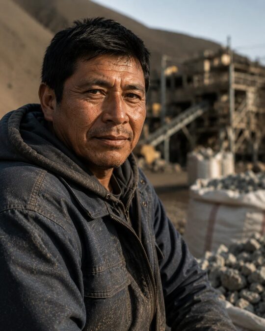 Productor de cobre en Pisco — retrato a contraluz junto a la planta.
